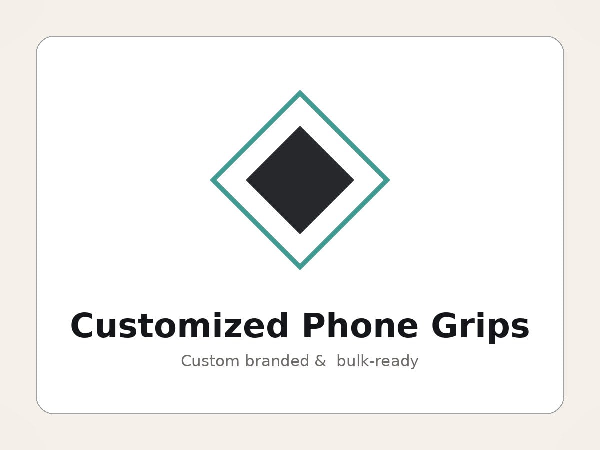 Full-color UV-printed custom phone grip with company logo attached to the back of a smartphone