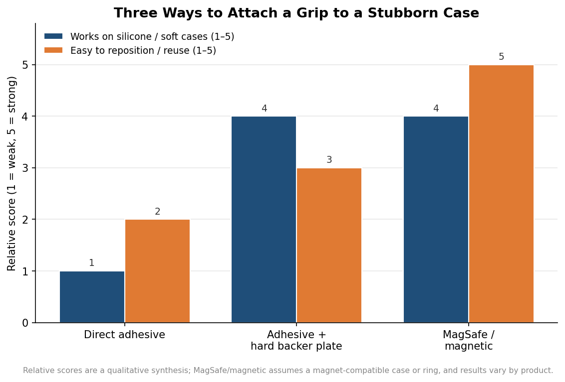 Grouped bar chart comparing direct adhesive, adhesive with a backer plate, and MagSafe magnetic grips on soft-case compatibility and reusability